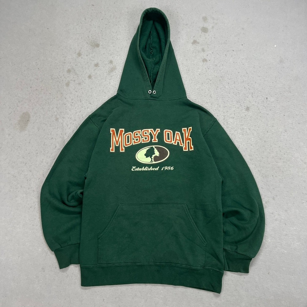 Vintage Mossy Oak Hoodie Jerzees NuBlend Forest Green Y2K Mens Medium Graphic